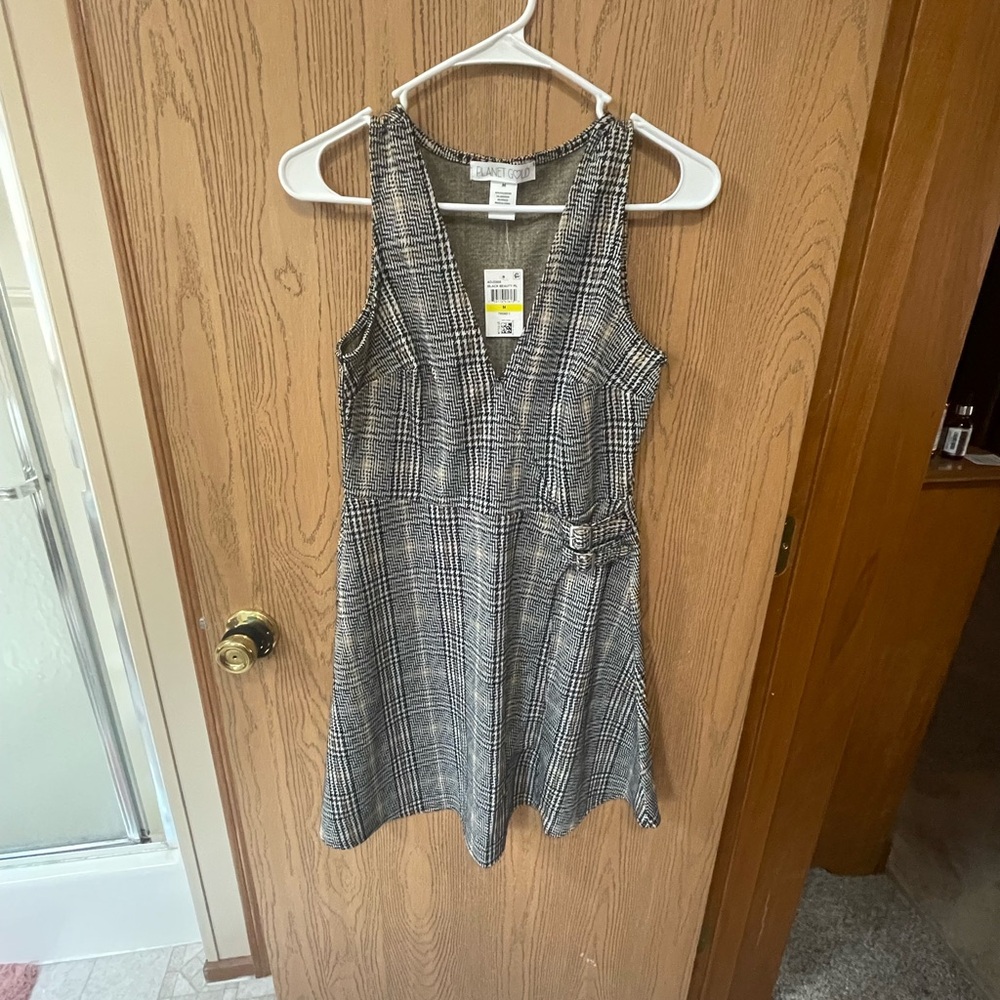 Planet Gold Black & White Plaid V-Neck Fit and Flare Dress